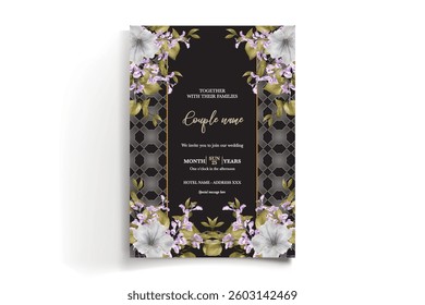 WEDDING INVITATION FRAME WITH FLOWER DECORATIONS AND FRESH LEAVES