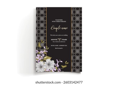 WEDDING INVITATION FRAME WITH FLOWER DECORATIONS AND FRESH LEAVES