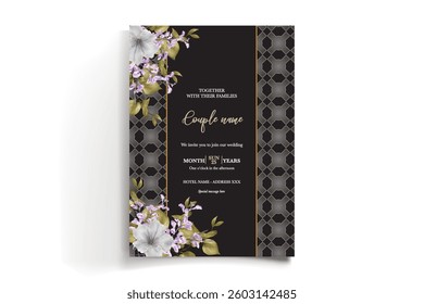 WEDDING INVITATION FRAME WITH FLOWER DECORATIONS AND FRESH LEAVES
