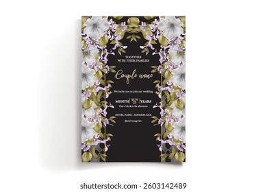 WEDDING INVITATION FRAME WITH FLOWER DECORATIONS AND FRESH LEAVES