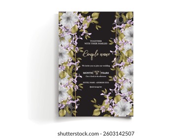 WEDDING INVITATION FRAME WITH FLOWER DECORATIONS AND FRESH LEAVES