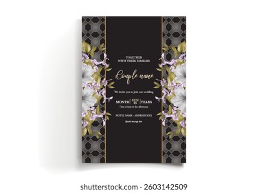 WEDDING INVITATION FRAME WITH FLOWER DECORATIONS AND FRESH LEAVES