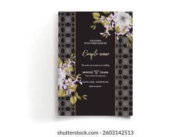 WEDDING INVITATION FRAME WITH FLOWER DECORATIONS AND FRESH LEAVES