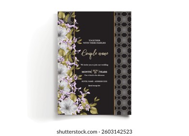 WEDDING INVITATION FRAME WITH FLOWER DECORATIONS AND FRESH LEAVES