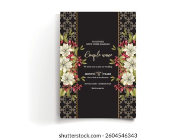 WEDDING INVITATION FRAME WITH FLOWER DECORATIONS AND FRESH LEAVES