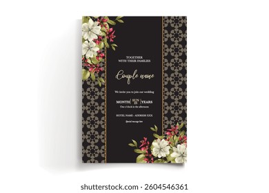WEDDING INVITATION FRAME WITH FLOWER DECORATIONS AND FRESH LEAVES
