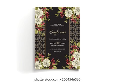 WEDDING INVITATION FRAME WITH FLOWER DECORATIONS AND FRESH LEAVES