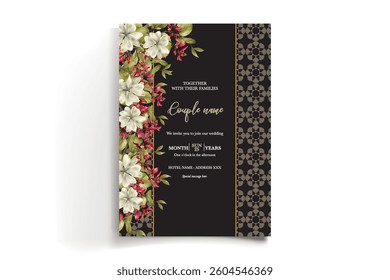 WEDDING INVITATION FRAME WITH FLOWER DECORATIONS AND FRESH LEAVES