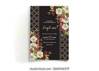 WEDDING INVITATION FRAME WITH FLOWER DECORATIONS AND FRESH LEAVES