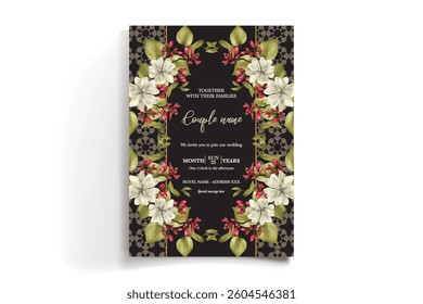 WEDDING INVITATION FRAME WITH FLOWER DECORATIONS AND FRESH LEAVES