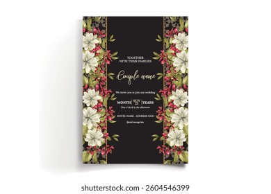 WEDDING INVITATION FRAME WITH FLOWER DECORATIONS AND FRESH LEAVES