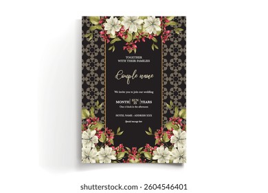 WEDDING INVITATION FRAME WITH FLOWER DECORATIONS AND FRESH LEAVES