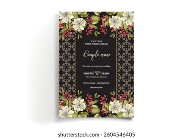 WEDDING INVITATION FRAME WITH FLOWER DECORATIONS AND FRESH LEAVES
