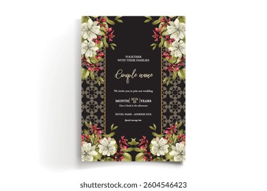 WEDDING INVITATION FRAME WITH FLOWER DECORATIONS AND FRESH LEAVES