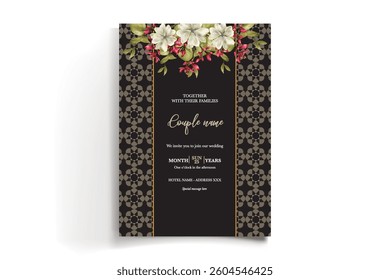 WEDDING INVITATION FRAME WITH FLOWER DECORATIONS AND FRESH LEAVES
