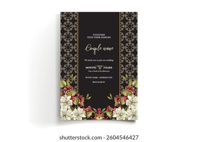 WEDDING INVITATION FRAME WITH FLOWER DECORATIONS AND FRESH LEAVES