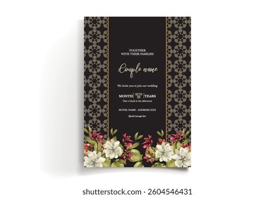 WEDDING INVITATION FRAME WITH FLOWER DECORATIONS AND FRESH LEAVES