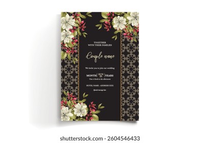 WEDDING INVITATION FRAME WITH FLOWER DECORATIONS AND FRESH LEAVES