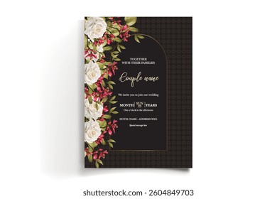 WEDDING INVITATION FRAME WITH FLOWER DECORATIONS AND FRESH LEAVES
