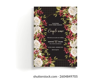 WEDDING INVITATION FRAME WITH FLOWER DECORATIONS AND FRESH LEAVES