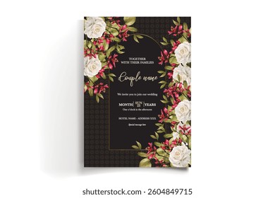 WEDDING INVITATION FRAME WITH FLOWER DECORATIONS AND FRESH LEAVES