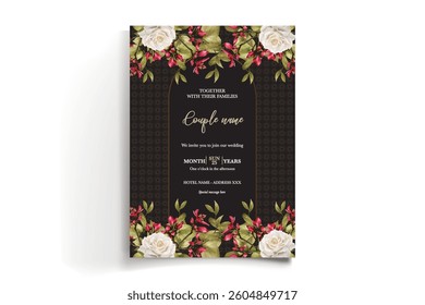 WEDDING INVITATION FRAME WITH FLOWER DECORATIONS AND FRESH LEAVES