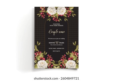 WEDDING INVITATION FRAME WITH FLOWER DECORATIONS AND FRESH LEAVES