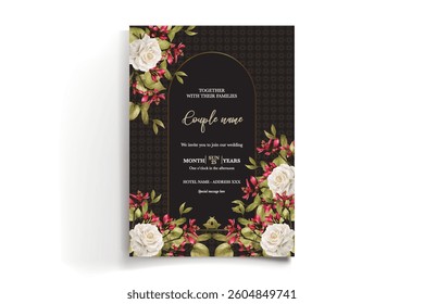 WEDDING INVITATION FRAME WITH FLOWER DECORATIONS AND FRESH LEAVES