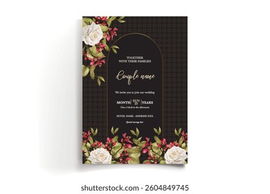 WEDDING INVITATION FRAME WITH FLOWER DECORATIONS AND FRESH LEAVES