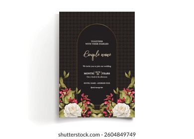 WEDDING INVITATION FRAME WITH FLOWER DECORATIONS AND FRESH LEAVES