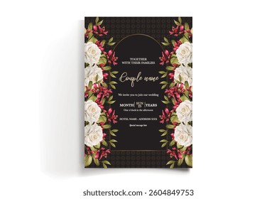 WEDDING INVITATION FRAME WITH FLOWER DECORATIONS AND FRESH LEAVES