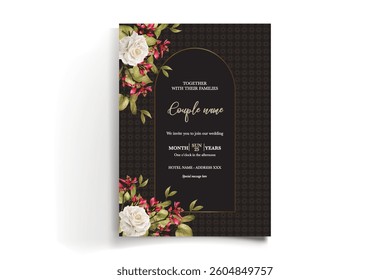 WEDDING INVITATION FRAME WITH FLOWER DECORATIONS AND FRESH LEAVES