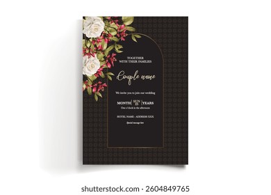 WEDDING INVITATION FRAME WITH FLOWER DECORATIONS AND FRESH LEAVES