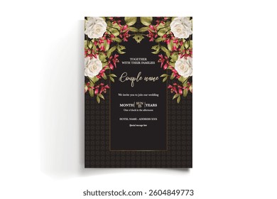 WEDDING INVITATION FRAME WITH FLOWER DECORATIONS AND FRESH LEAVES