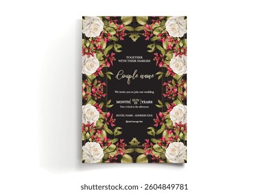 WEDDING INVITATION FRAME WITH FLOWER DECORATIONS AND FRESH LEAVES