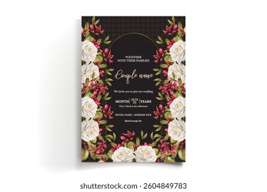 WEDDING INVITATION FRAME WITH FLOWER DECORATIONS AND FRESH LEAVES