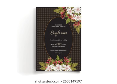 WEDDING INVITATION FRAME WITH FLOWER DECORATIONS AND FRESH LEAVES