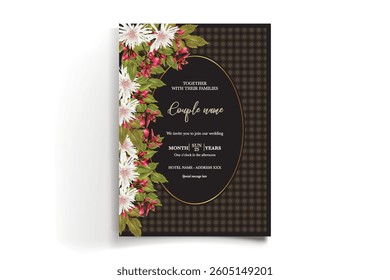 WEDDING INVITATION FRAME WITH FLOWER DECORATIONS AND FRESH LEAVES
