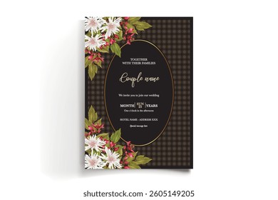WEDDING INVITATION FRAME WITH FLOWER DECORATIONS AND FRESH LEAVES