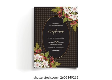 WEDDING INVITATION FRAME WITH FLOWER DECORATIONS AND FRESH LEAVES