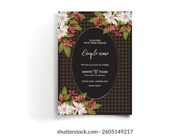 WEDDING INVITATION FRAME WITH FLOWER DECORATIONS AND FRESH LEAVES