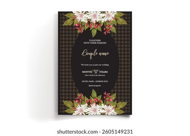 WEDDING INVITATION FRAME WITH FLOWER DECORATIONS AND FRESH LEAVES