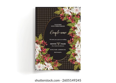 WEDDING INVITATION FRAME WITH FLOWER DECORATIONS AND FRESH LEAVES