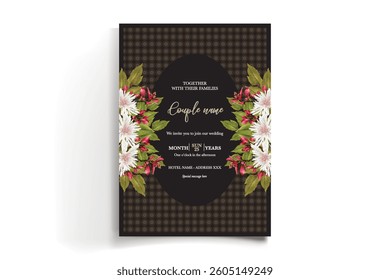 WEDDING INVITATION FRAME WITH FLOWER DECORATIONS AND FRESH LEAVES