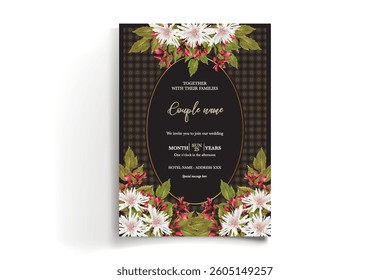 WEDDING INVITATION FRAME WITH FLOWER DECORATIONS AND FRESH LEAVES