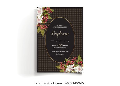 WEDDING INVITATION FRAME WITH FLOWER DECORATIONS AND FRESH LEAVES