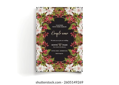 WEDDING INVITATION FRAME WITH FLOWER DECORATIONS AND FRESH LEAVES