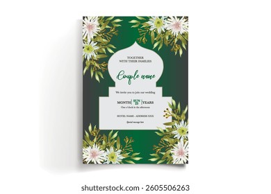 WEDDING INVITATION FRAME WITH FLOWER DECORATIONS AND FRESH LEAVES