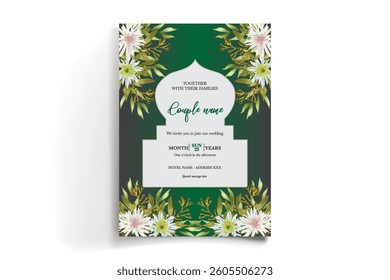 WEDDING INVITATION FRAME WITH FLOWER DECORATIONS AND FRESH LEAVES