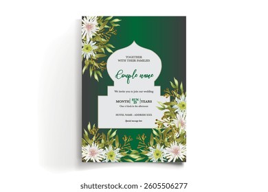 WEDDING INVITATION FRAME WITH FLOWER DECORATIONS AND FRESH LEAVES